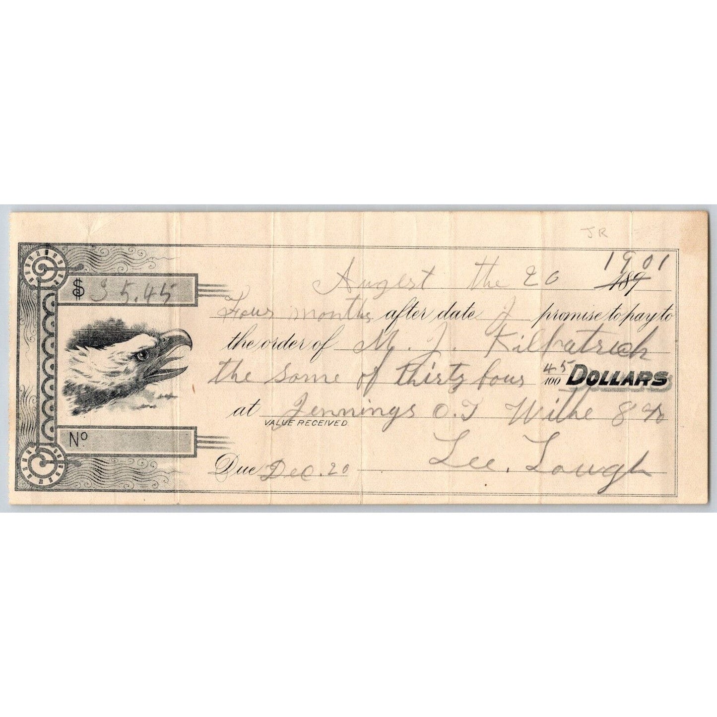 Jennings, Oklahoma Territorial 1901 $34.45 Promissory Note - Scarce Eagle Head