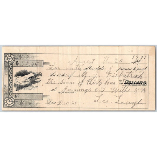 Jennings, Oklahoma Territorial 1901 $34.45 Promissory Note - Scarce Eagle Head