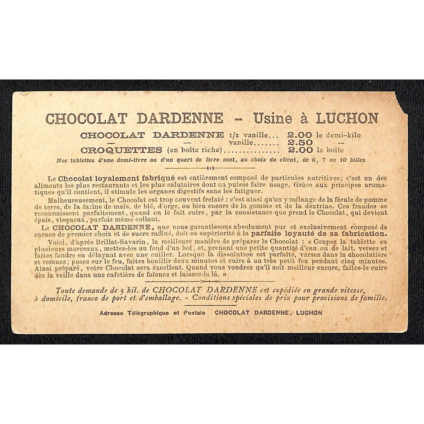 French Victorian Trade Card Chocolat Dardenne - Usine a Luchon Stream Waterfall