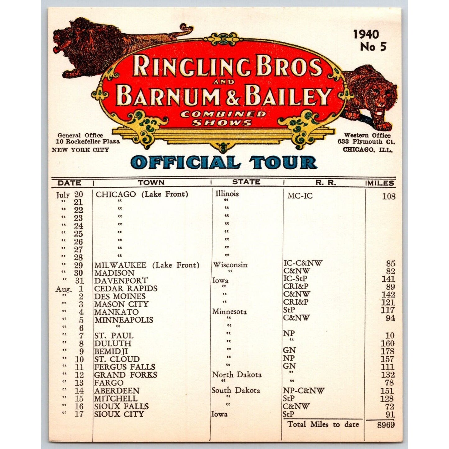 1940 Ringling Bros Barnum & Bailey Circus Route Card Chicago Des Moines St. Paul