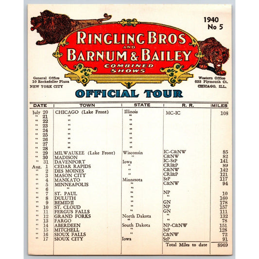 1940 Ringling Bros Barnum & Bailey Circus Route Card Chicago Des Moines St. Paul