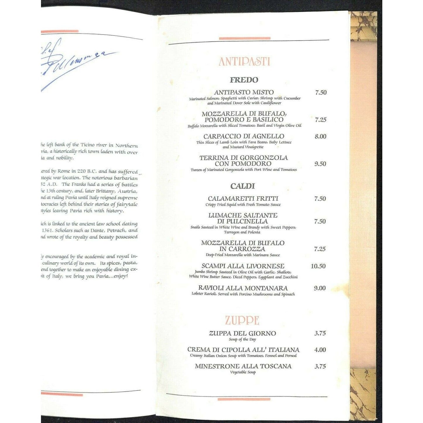 Pavia Anaheim Hilton Menu Restaurant Scarce Vintage 1992 Signed by Chef