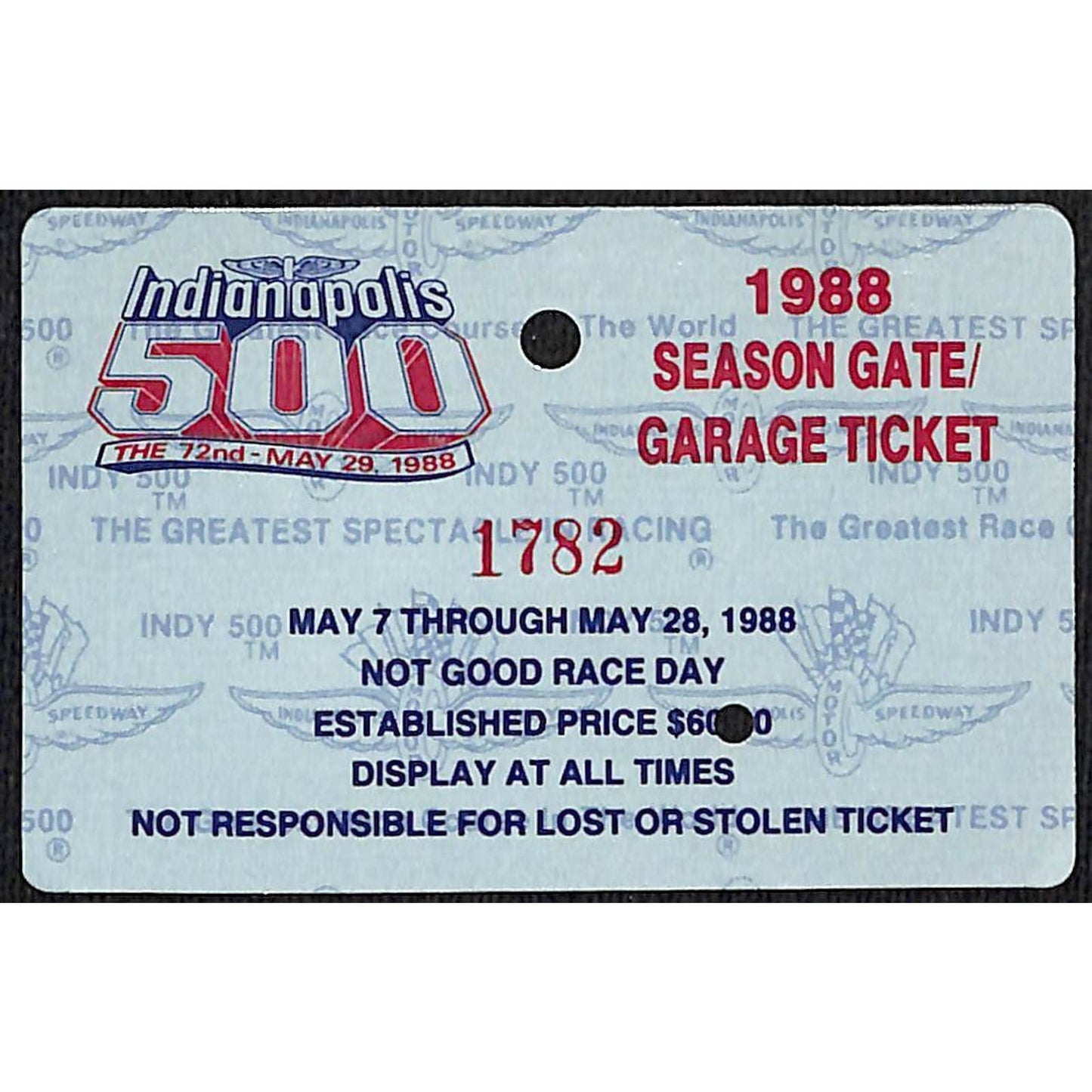 1988 Indy 500 Season Gate / Garage Ticket Pass Card Indianapolis IMS #1782 VGC