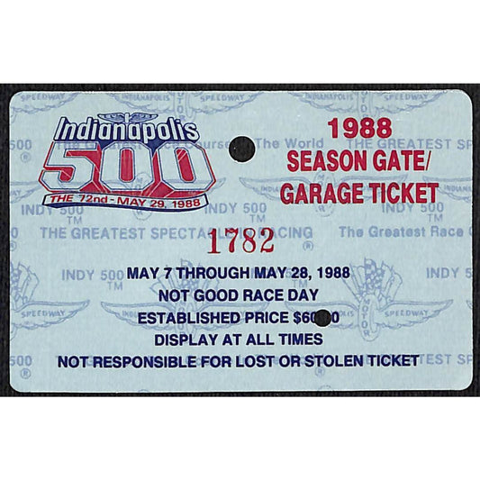 1988 Indy 500 Season Gate / Garage Ticket Pass Card Indianapolis IMS #1782 VGC