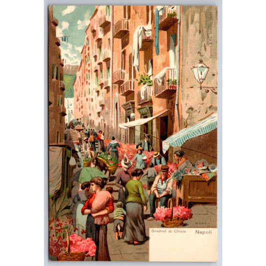 Naples Steps of Chiaia Busy Street Scene Postcard c1901-1907 NP