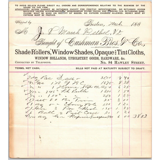 Boston, MA Cushman Bros. Hardware c1888 Billhead JP Marsh Bethel, VT Scarce