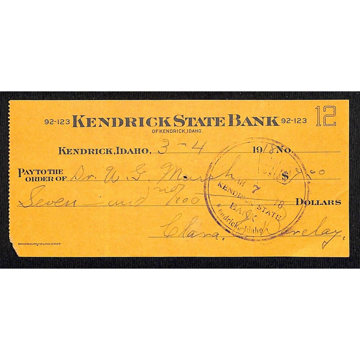 Kendrick State Bank - Idaho $7 Bank Check 1918