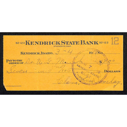 Kendrick State Bank - Idaho $7 Bank Check 1918