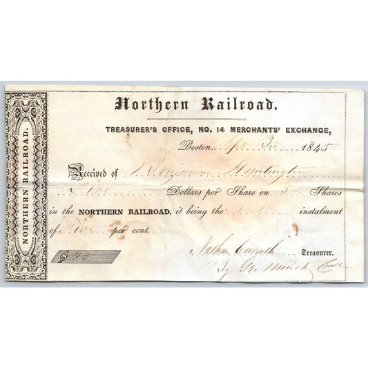 1845 Boston MA Treasurer Receipt Northern Railroad Stock "Benjamin Huntington"