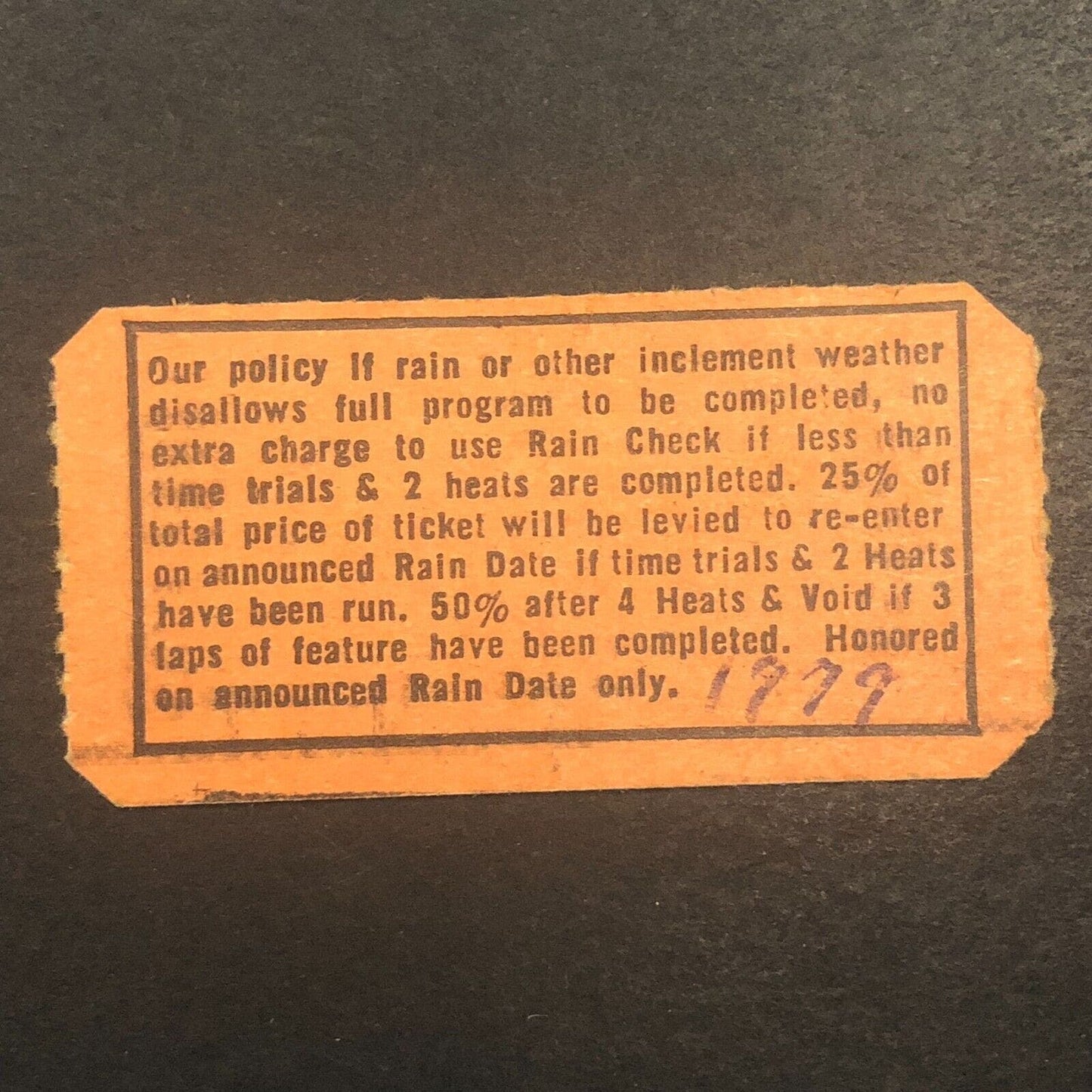 Winchester Speedway 1979Auto Racing Rain Check Ticket 12473