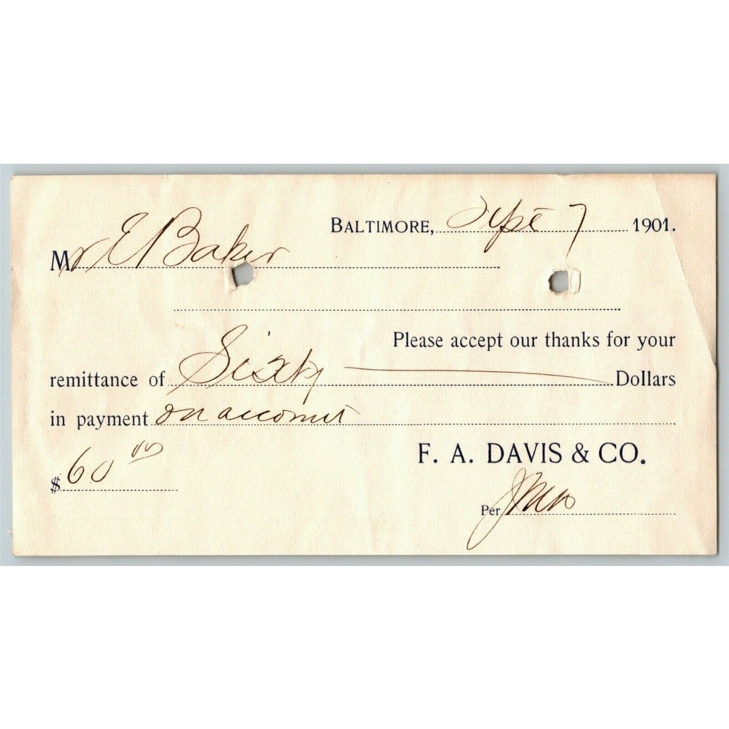1901 Letterhead F.A. Davis & Co. Tobacco & Cigars Baltimore - Ephraim Baker*