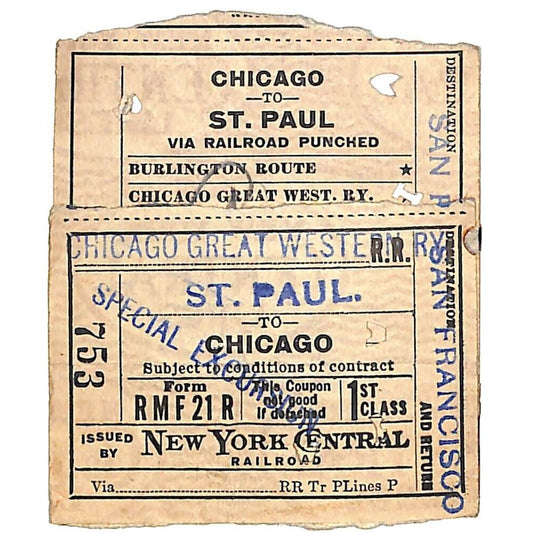 2x New York Central Railroad Ticket 1915 St. Paul Chicago "Special Excursion"