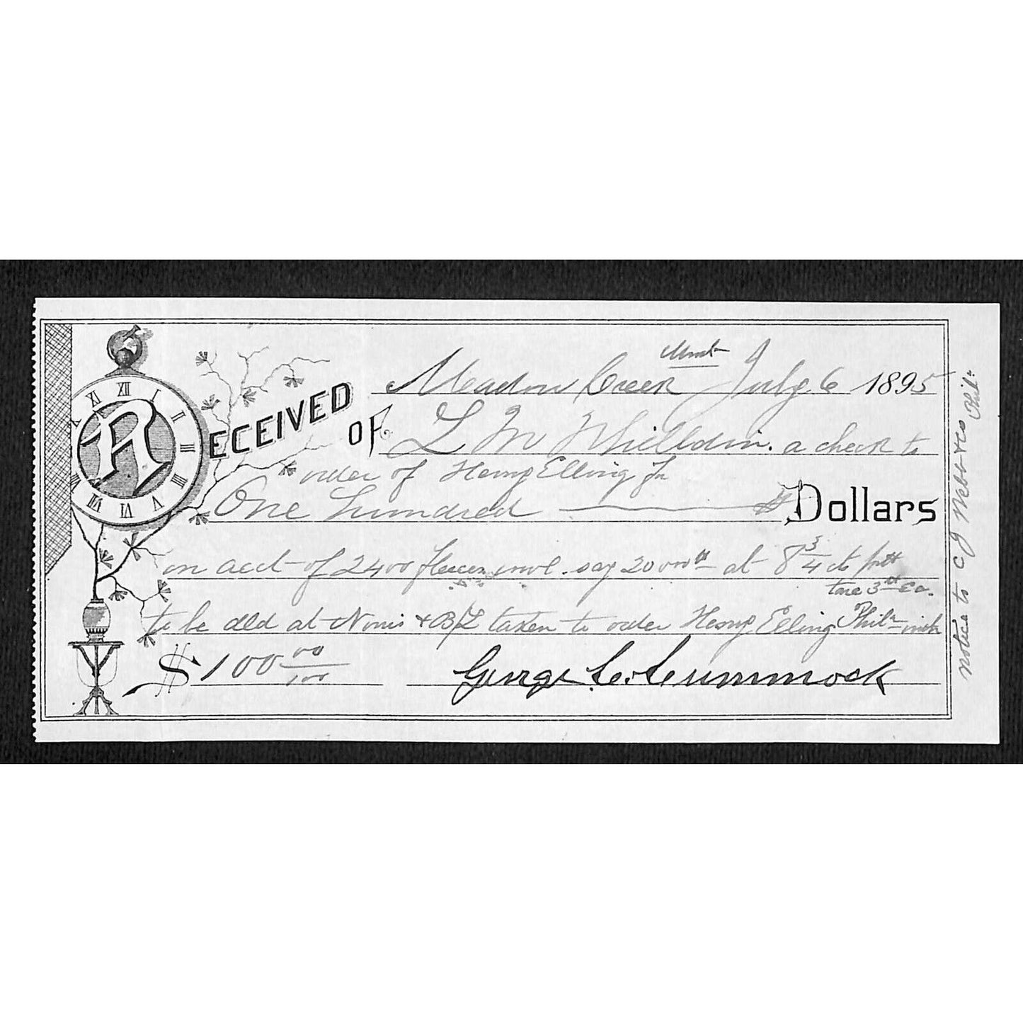 Meadow Creek (McAllister) Montana 1895 Payment Receipt - Pocket Watch Vignette