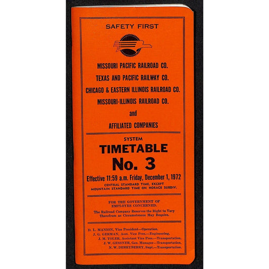 1972 Missouri Texas Pacific Chicago Railroad System Timetable Dec 1972 68pp VGC