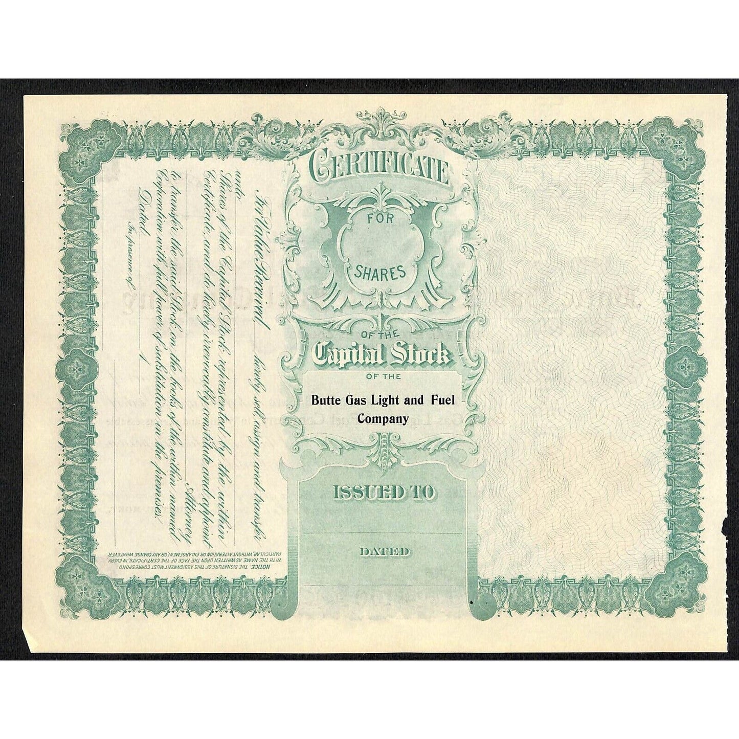Butte Gas Light and Fuel Company Montana c1890's Unused Stock Certificate VGC