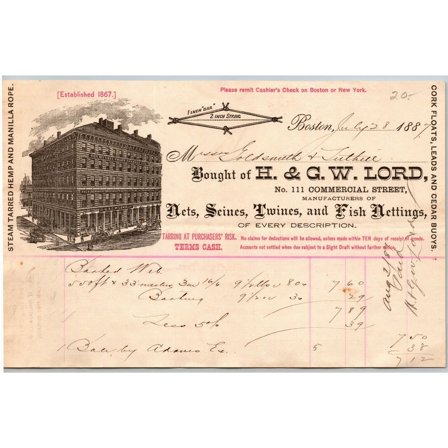 Boston, MA c1887 Letterhead H. & G.W. Lord - Fish Nets Seines Twines Commercial