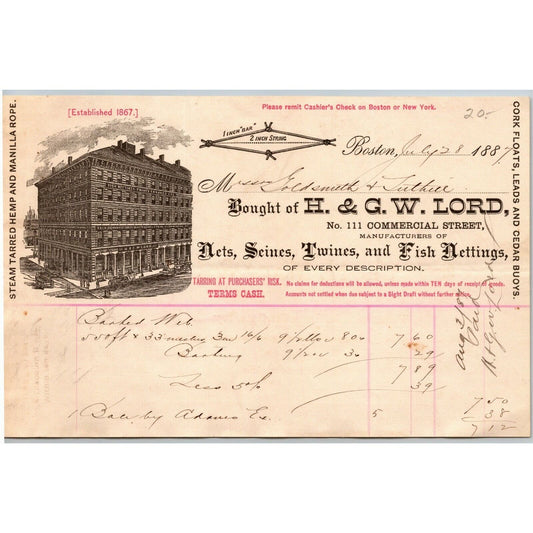Boston, MA c1887 Letterhead H. & G.W. Lord - Fish Nets Seines Twines Commercial