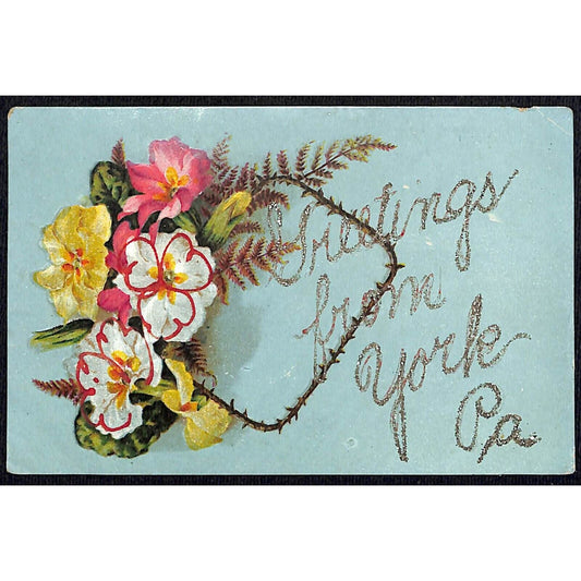 Greetings From York, PA Glitter Postcard c1920's VGC