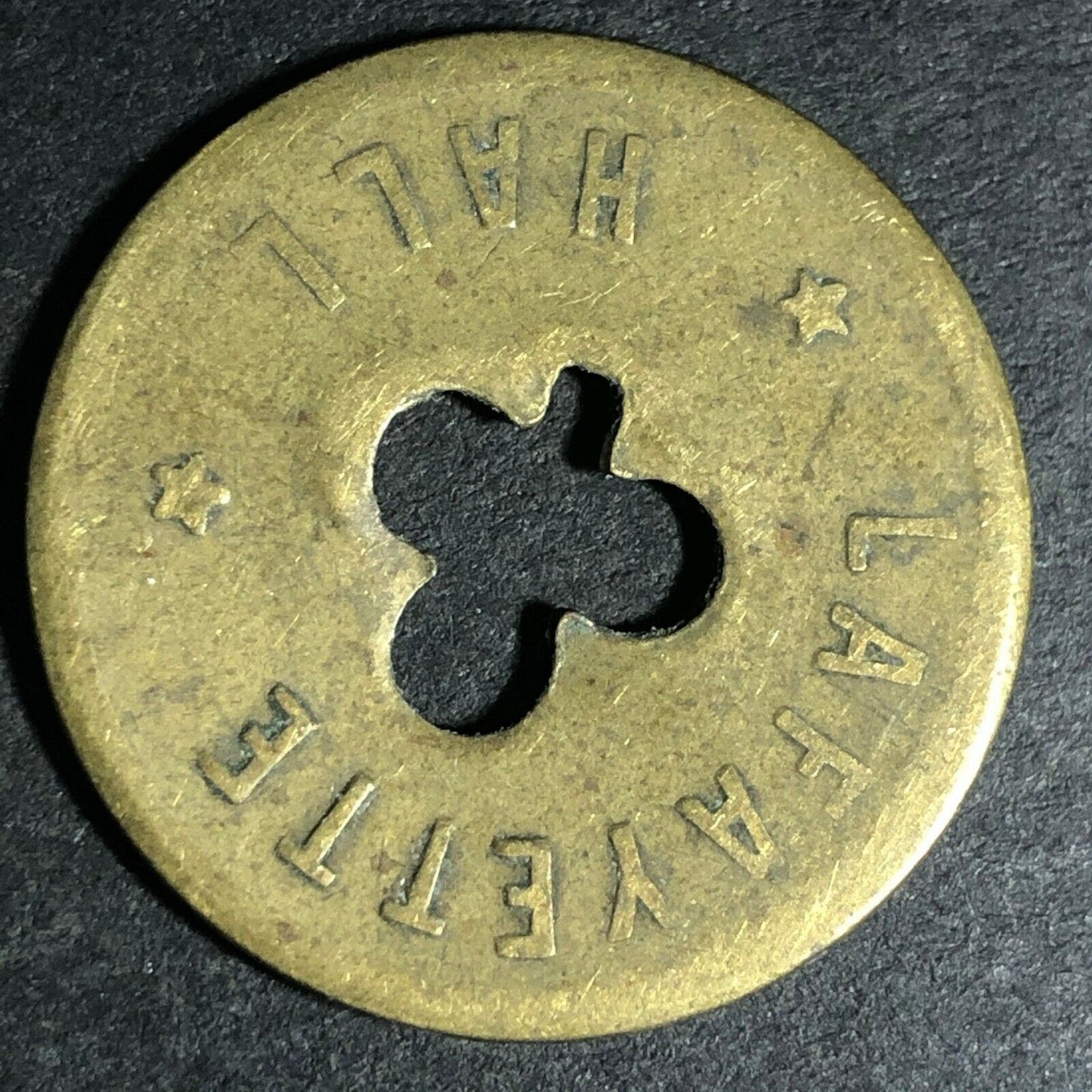 24.5mm Brass Lafayette Hall (Saloon Sacramento, CA) Token Clover Shamrock (#35)