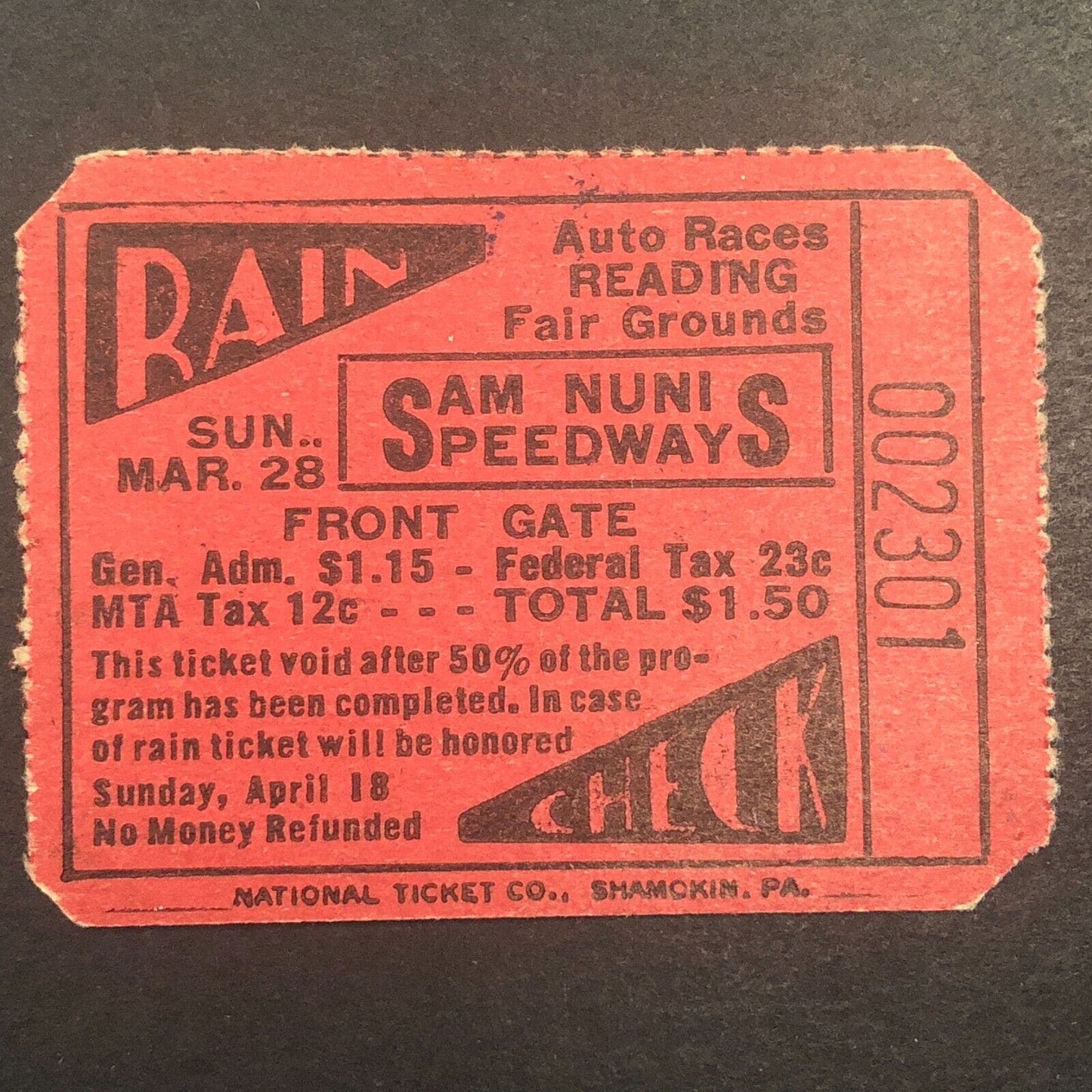 Sam Nunis Speedway Reading Auto Racing Rain Check Ticket 3/28 1954 John Thomson