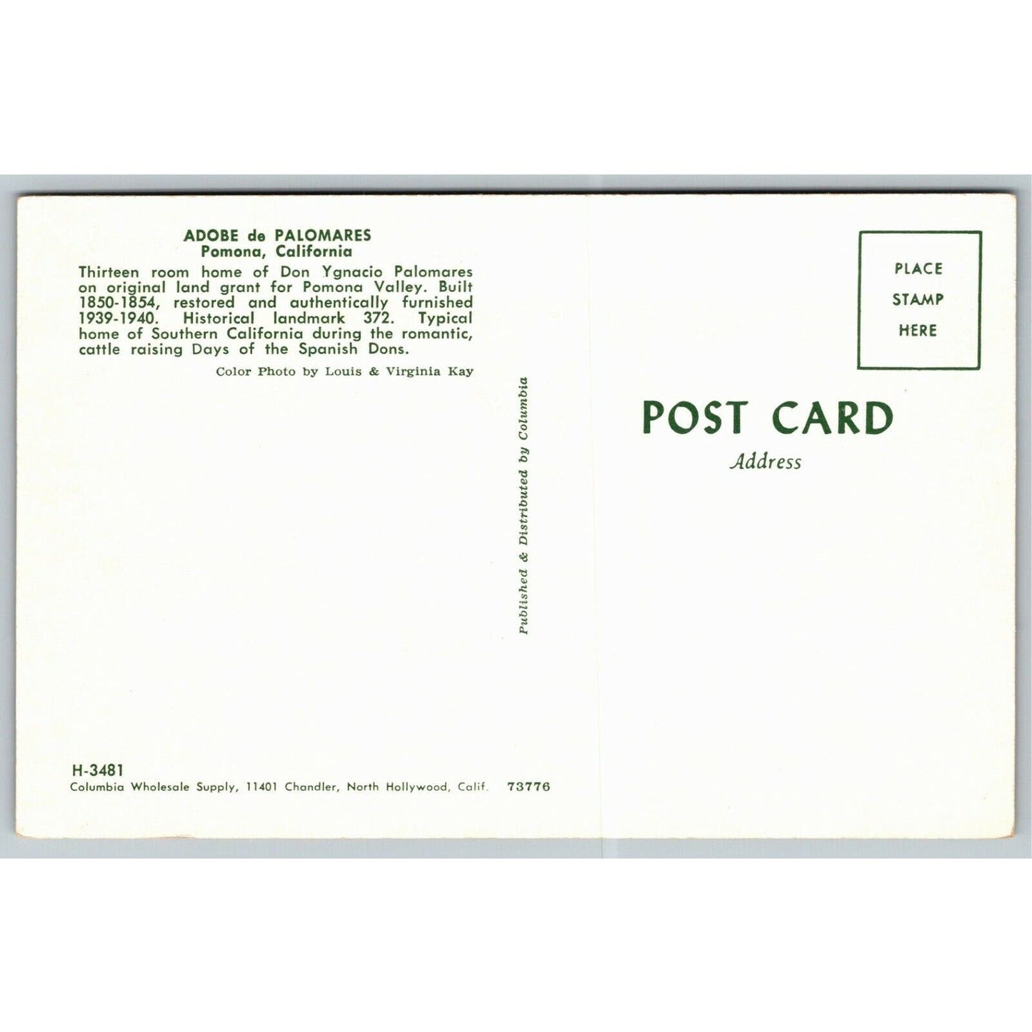 Vintage Postcard - Adobe de Palomares Pomona, California