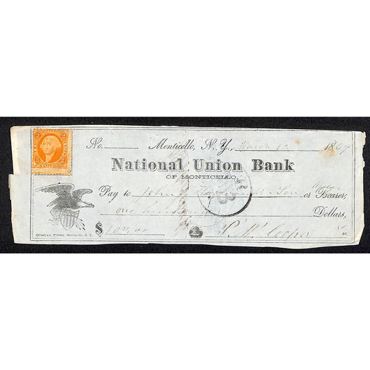 Monticello, NY National Union Bank 1869 Check w/ Rev. Stamp & Eagle Vignette