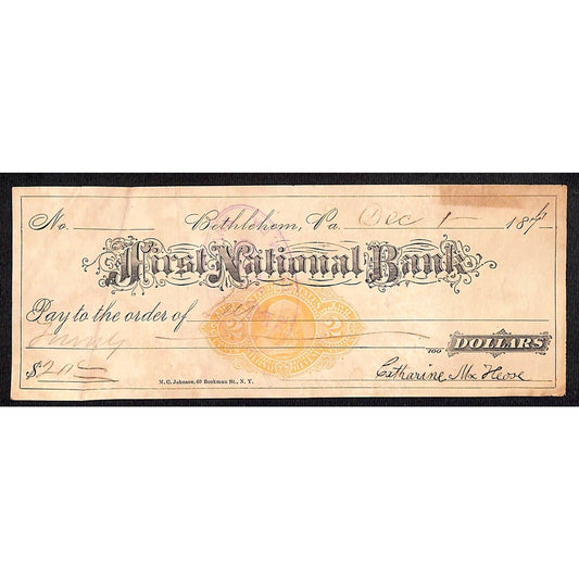 Bethlehem, PA 1875 First National Bank Check Catherine M. Heose? Imp. Rev Stamp