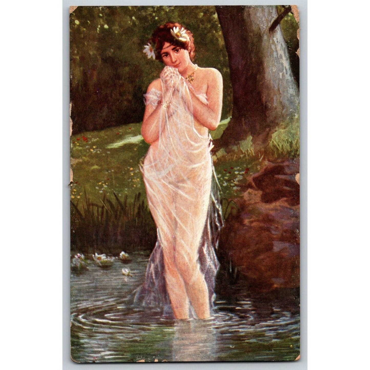 Vintage Postcard c1920's - Woman in Shear Cover Standing / Posing in Pond