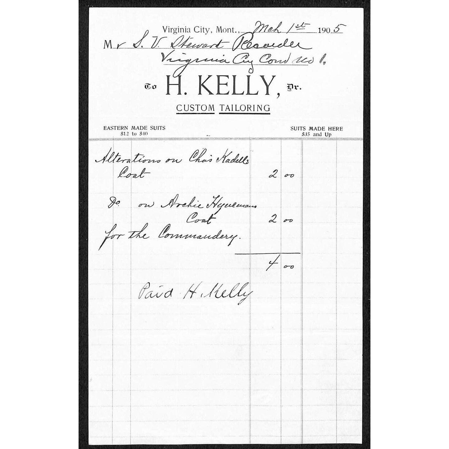 Virginia City MT H. Kelly Tailor "Eastern Made Suits, $12 to $40 1905 Billhead