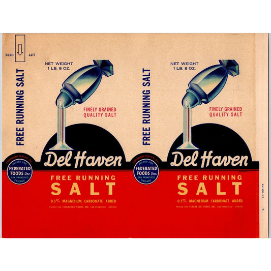 Del Haven Free Running Table Salt Paper Label San Francisco c1942 Scarce