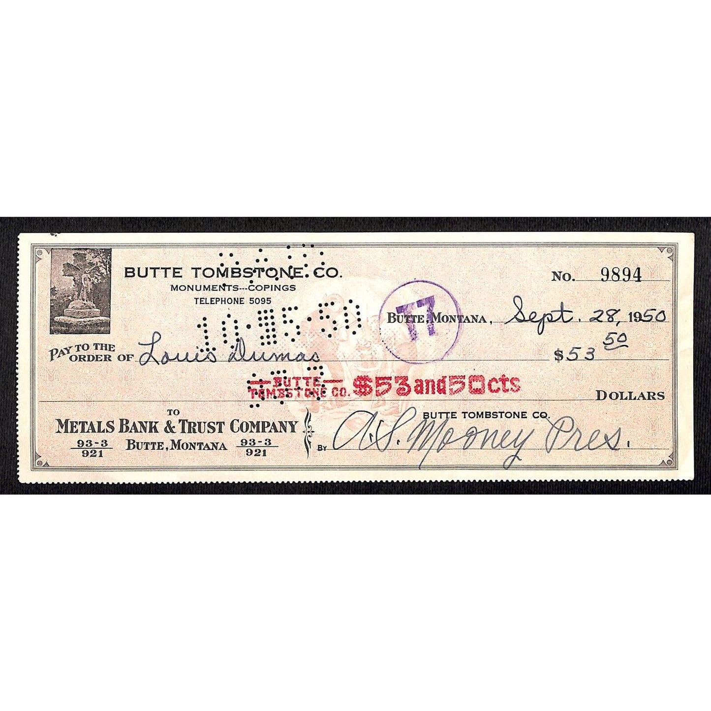 Butte Tombstone Company 1950 Bank Check / Metals Bank & Trust Butte Montana