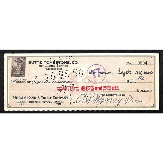 Butte Tombstone Company 1950 Bank Check / Metals Bank & Trust Butte Montana