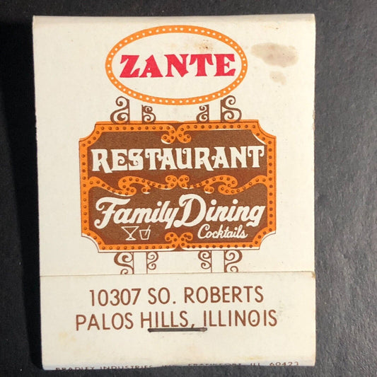 Zante Restaurant Palos Hills, IL Full Matchbook c1974-84