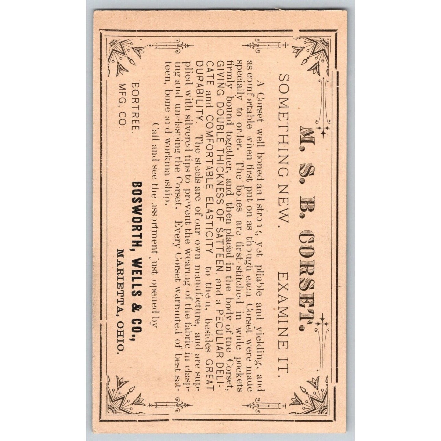 Bosworth, Wells & Co. MSB Corset Marietta, OH Victorian Trade Card / Hand Fan