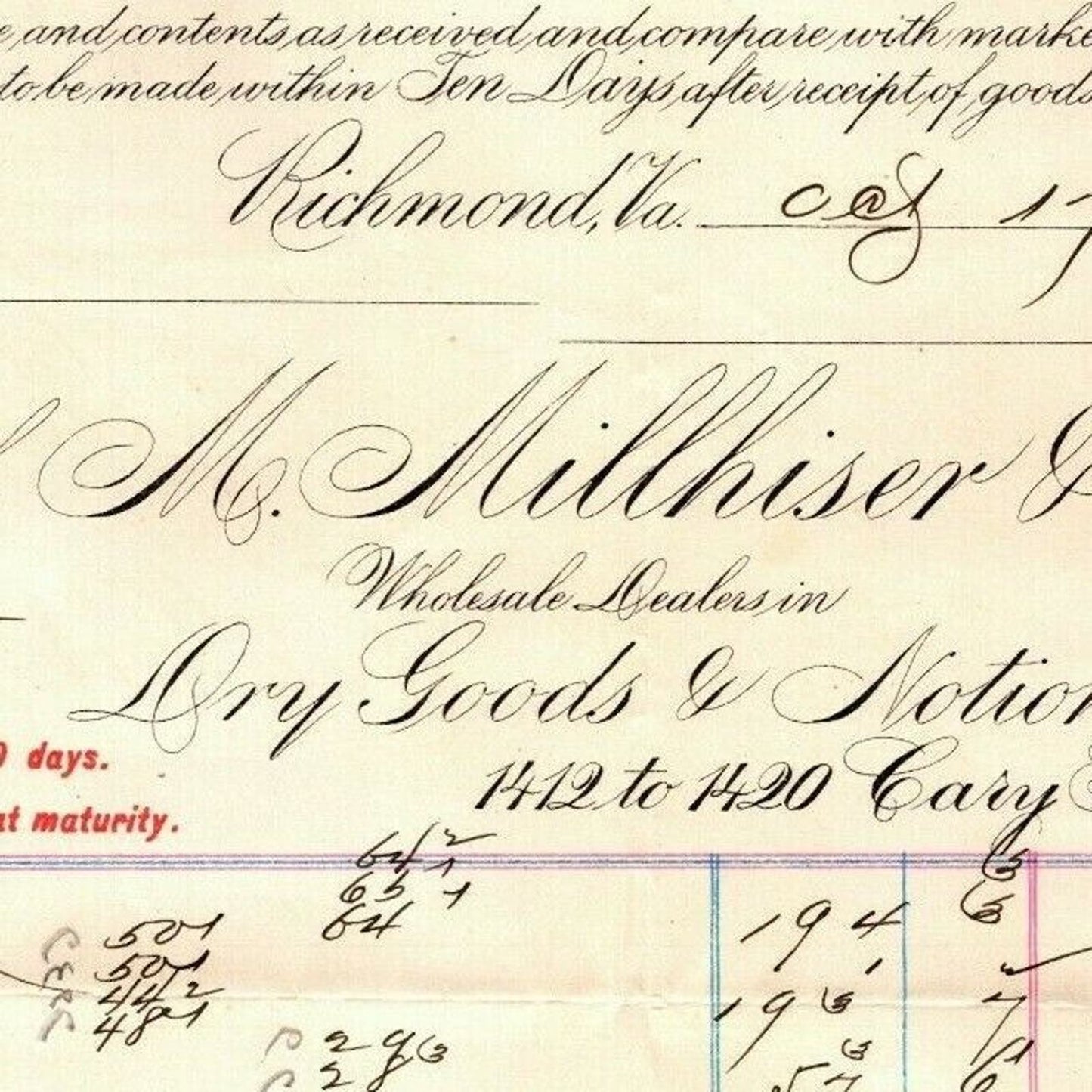 M. Millhiser & Co. Dry Goods Notions Richmond VA Letterhead to Geo. E. Wear 1894