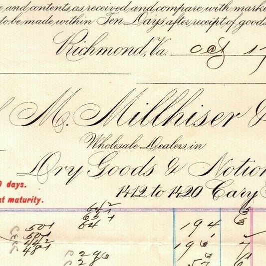 M. Millhiser & Co. Dry Goods Notions Richmond VA Letterhead to Geo. E. Wear 1894