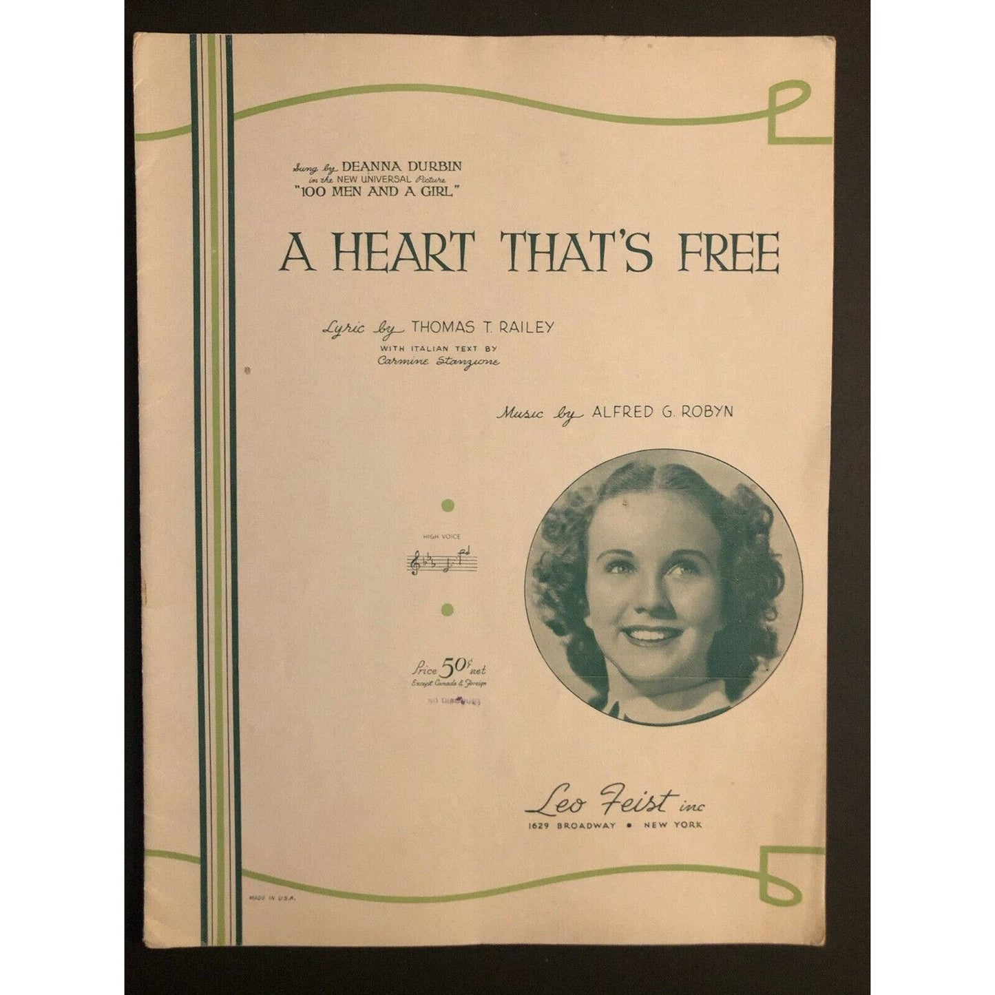 Vintage 1940's Sheet Music "A Heart That's Free" Thomas T. Railey