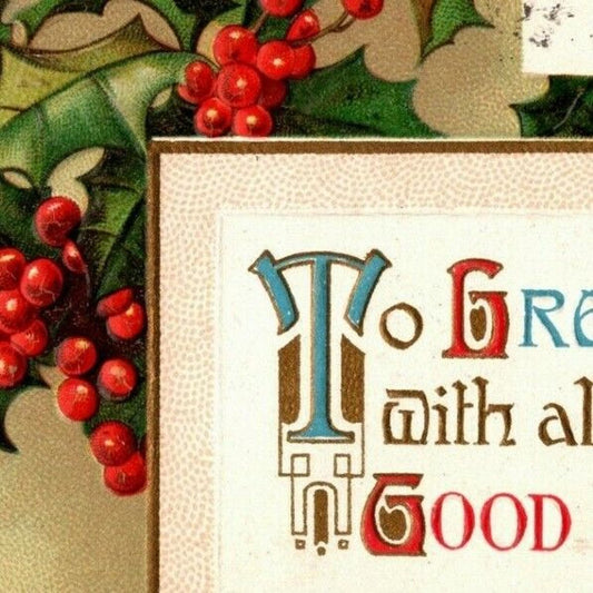 Vintage Postcard c1911 Hearty Christmas Wishes - Holly - Embossed