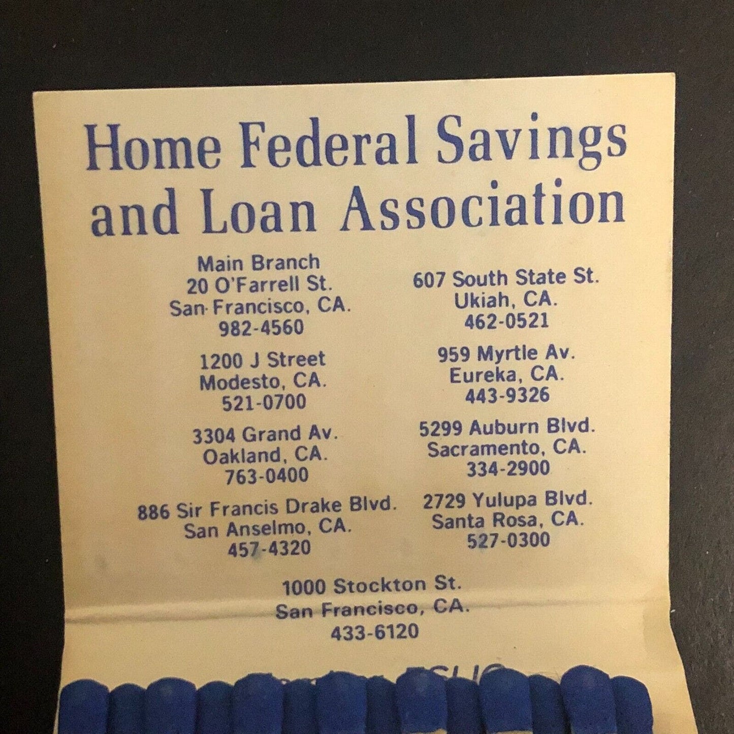 Home Federal Savings and Loan Association San Francisco Full Matchbook c1975-85