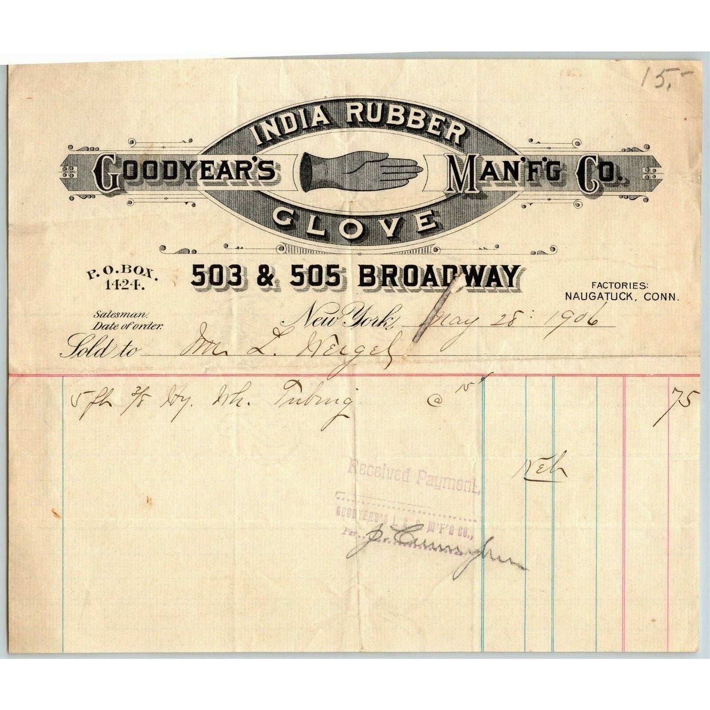 Goodyear Man'f'g Co. 1906 Letterhead NY, NY Naugatuck, Conn India Rubber Glove