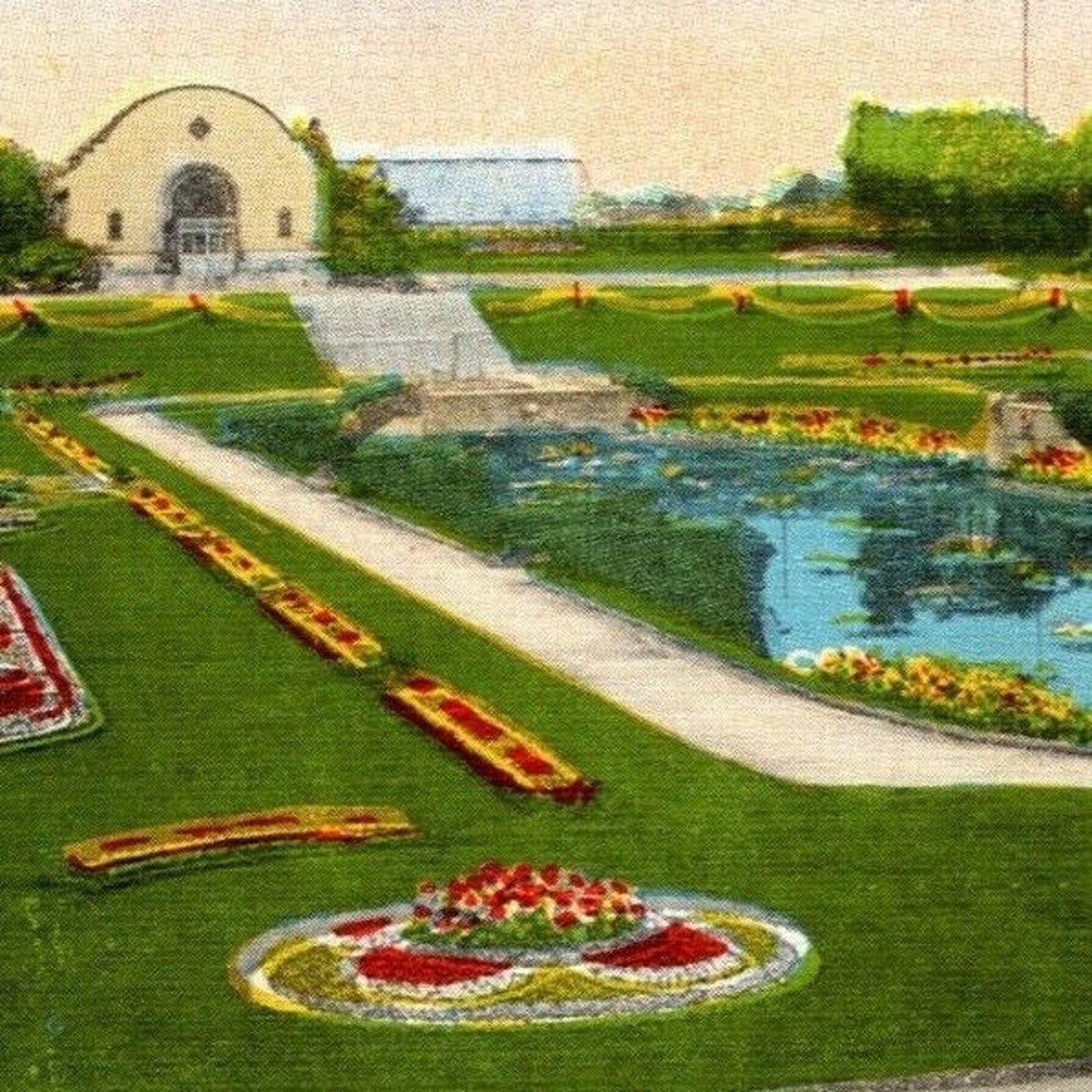 Vintage Linen Postcard Sunken Garden Mitchell Park Milwaukee - Unposted VGC