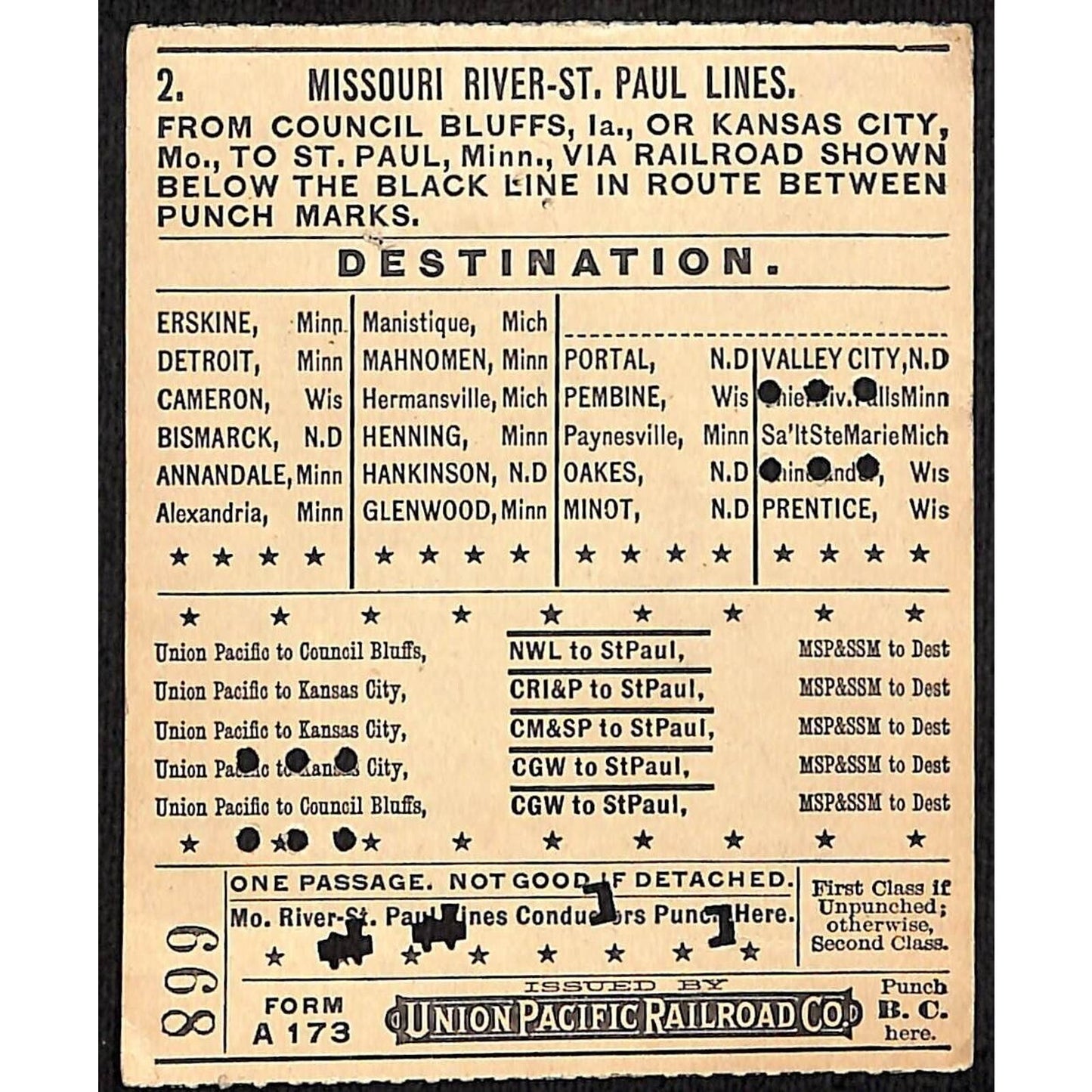 1910 Union Pacific Railroad Ticket Missouri River St. Paul Lines #668