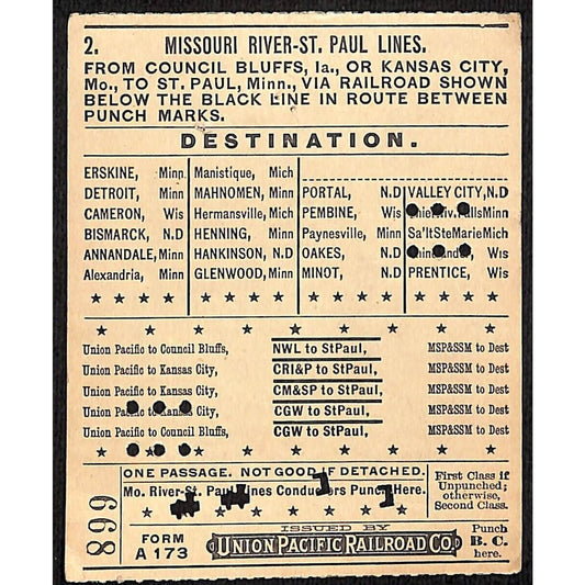 1910 Union Pacific Railroad Ticket Missouri River St. Paul Lines #668