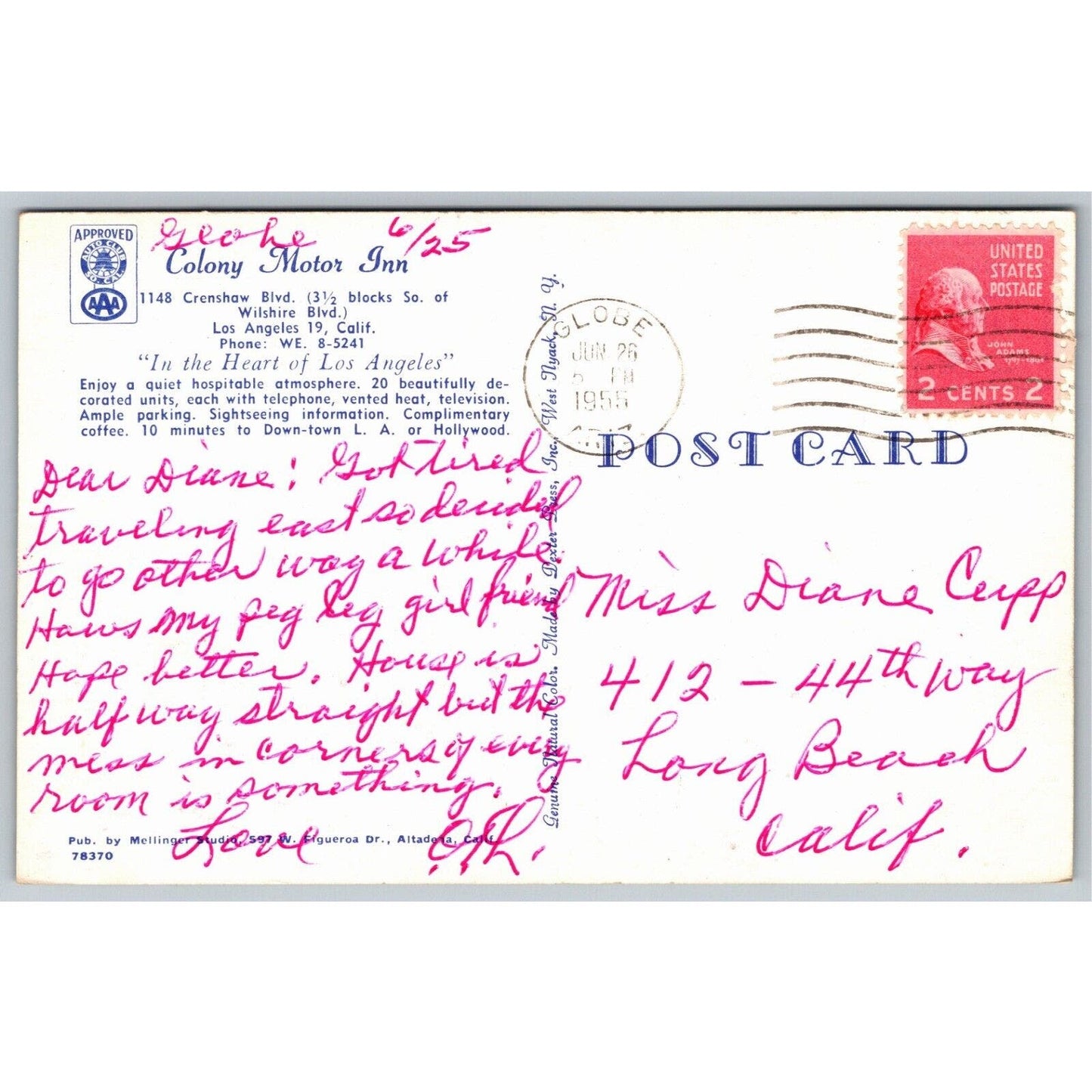 Colony Motor Inn, Los Angeles Postcard PM 1955 VGC