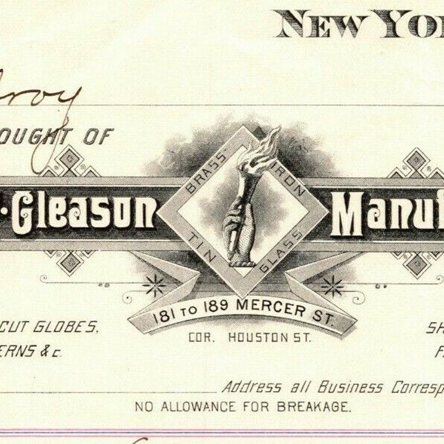 Dec 16 1887 "E. P. Gleason" Cut Glass Globes Billhead Letterhead Mercer St NYC