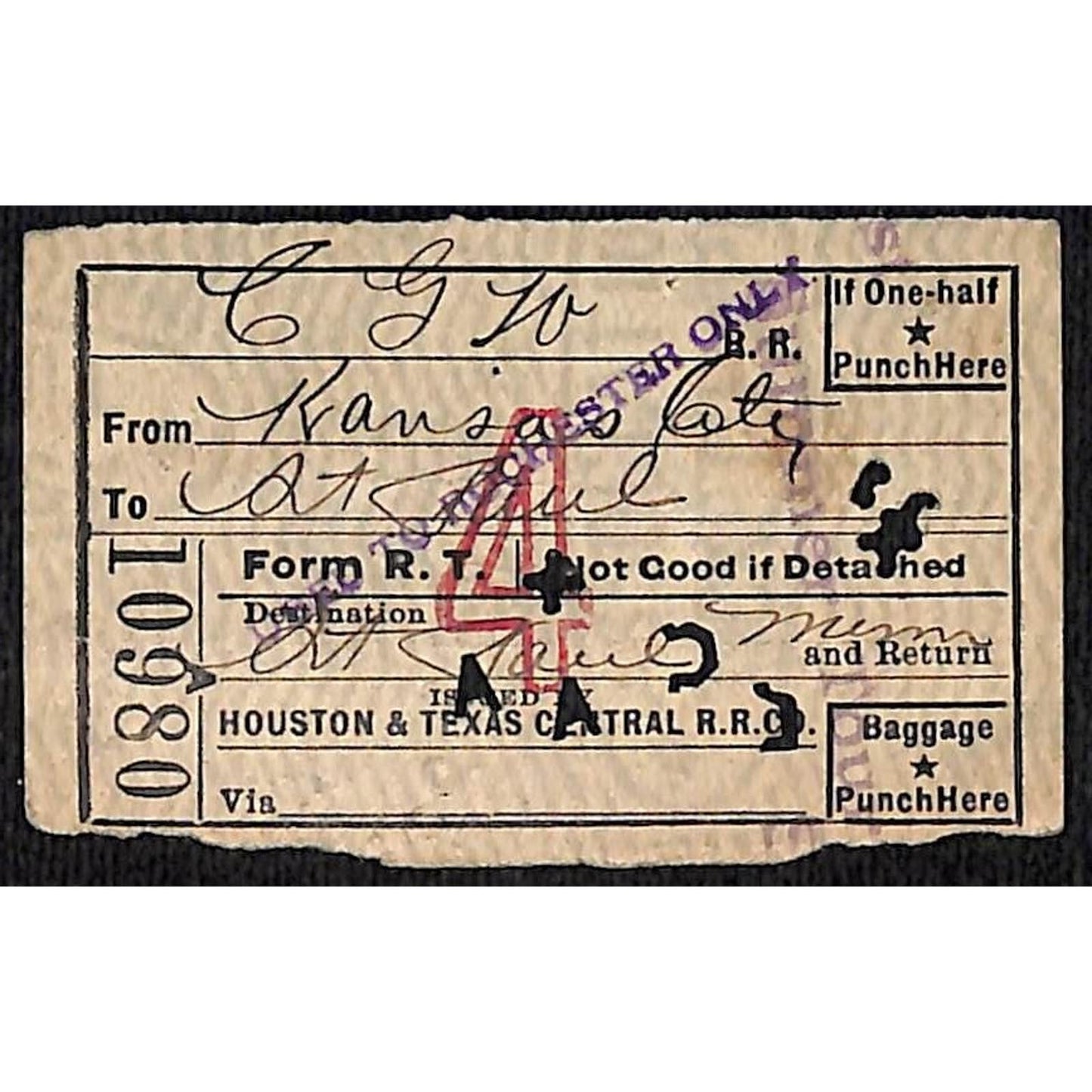 1923 Houston & Texas Central Railroad Ticket Kansas City to St. Paul #10980