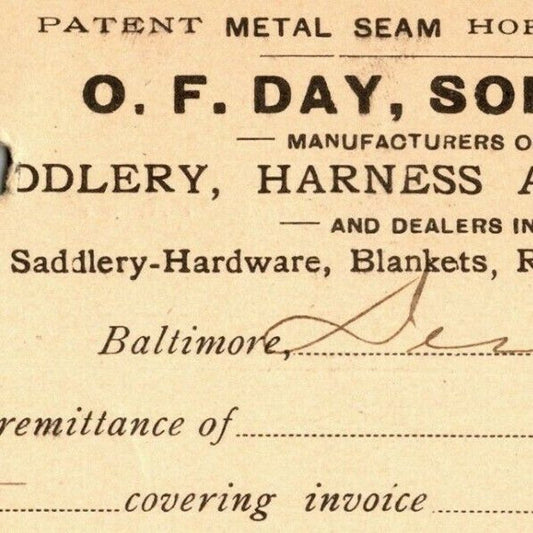 1897 Adv. Payment Conf. Postcard O.F. Day Saddlery Harness Baltimore E. Baker*
