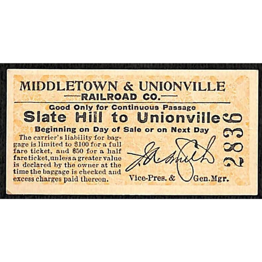 Middletown & Unionville Railroad (1913-1946) Ticket Slate Hill Unionville #2836