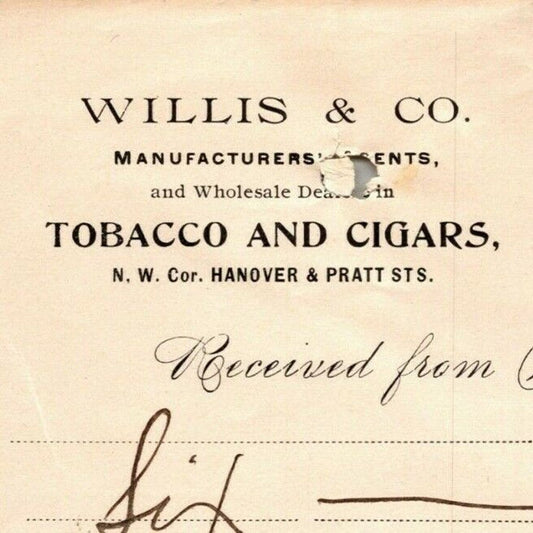 1899 Letterhead Billhead Willis & Co. Tobacco Cigars Baltimore Ephraim Baker*