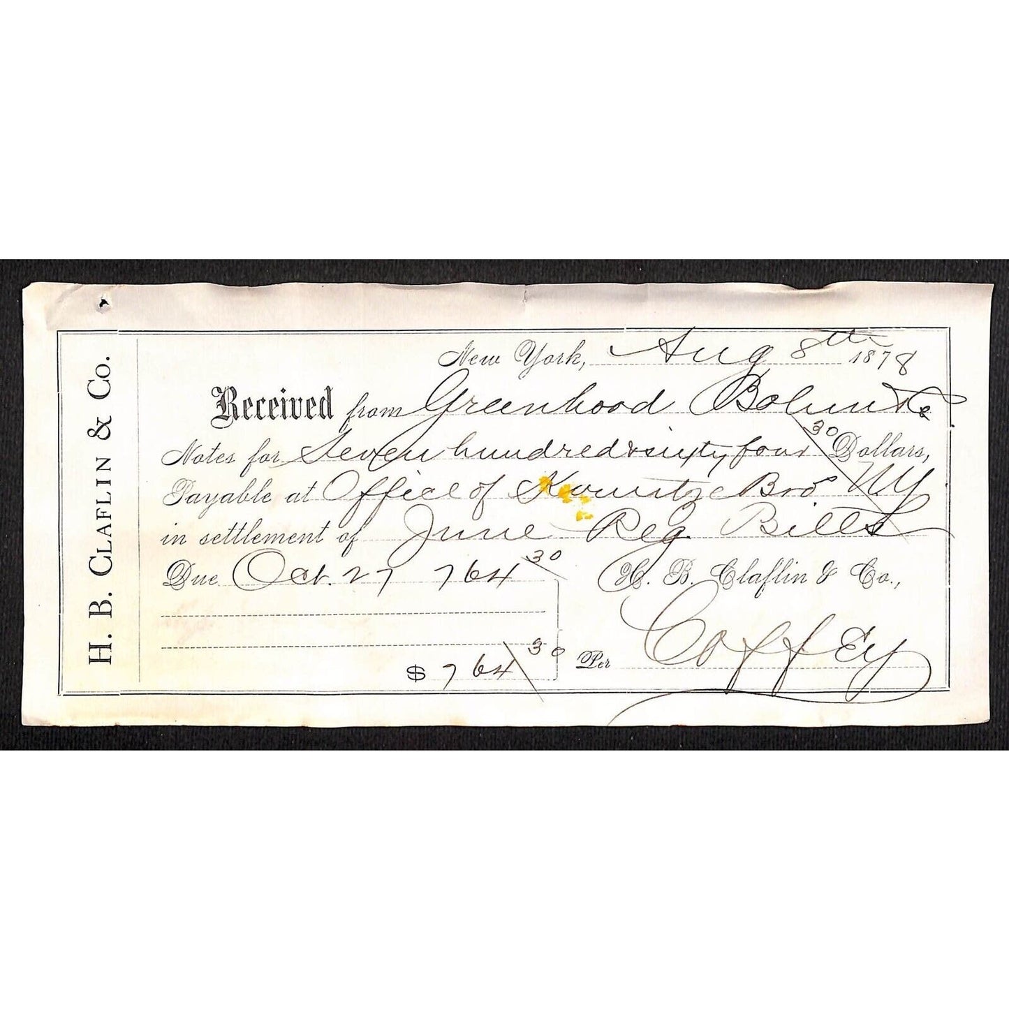 Greenhood Bohm & Co. (Helena, MT Clothiers) H.B. Claflin & Co. 1878 Receipt